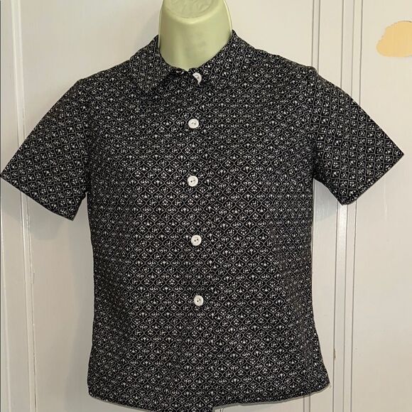 Vintage 60s Country Set Black & White Small Print Short Sleeve Cropped Shirt - Picture 1 of 8
